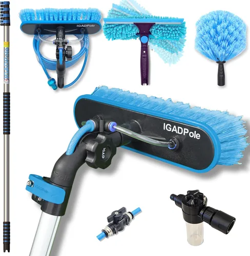 IGAD Kit de lavado alimentado por agua de 17 pies con dispensador de jabón, cepillo, escobilla de 10 pulgadas y plumero de telaraña para ventanas,