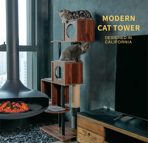 Miniatura 2 de Moderno árbol para gatos, elegante torre de madera estilo muebles (60 pulgadas) se mezcla con decoración del hogar, poste rascador más alto