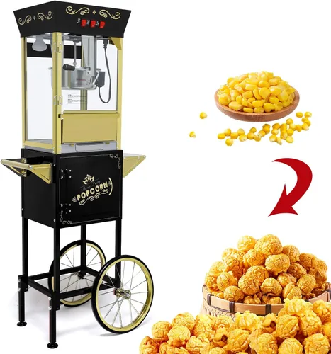 Miniatura 8 de Máquina de palomitas de maíz de 12 onzas con carrito, máquina de palomitas vintage con soporte, ruedas, hervidor de acero inoxidable, cajón de Negro