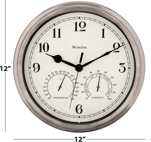 Miniatura 3 de Westclox Reloj de pared para interiores y exteriores con medidores de temperatura y humedad, resistente a la intemperie, precisión de cuarzo, Plata