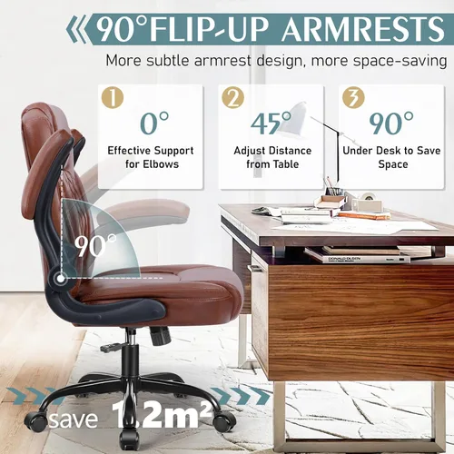 Miniatura 4 de Silla de cuero PU con soporte ergonómico lumbar, gira 360°, pequeña, ruedas, reposabrazos ajustables, para gente chaparra, para escritorio, Marrón