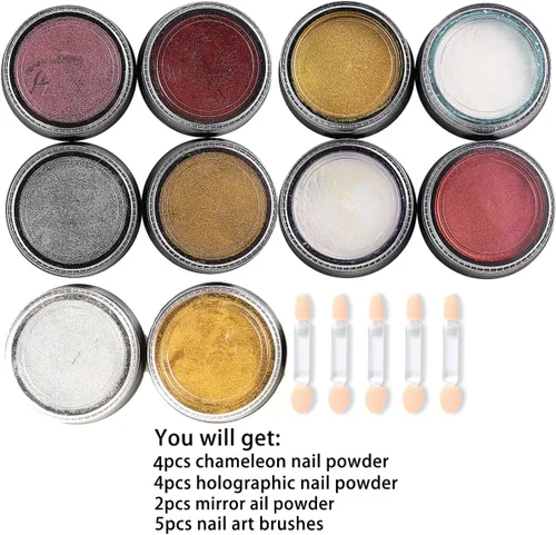 Miniatura 2 de Polvo de uñas cromado camaleón, 10 cajas de polvo cromado Aurora rosa morado, polvo de uñas holográfico dorado y plateado, pigmento espejo metálico
