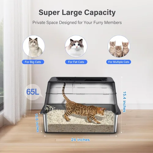 Miniatura 4 de Aphyxen Caja de arena de acero inoxidable con tapa, caja de arena para gatos extra grande cerrada para todos los gatos, diseño modular con tapa