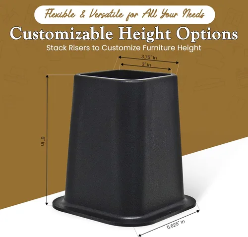 Miniatura 4 de Kings Brand Furniture elevadores de cama de 6 pulgadas - Juego de 4 elevadores de muebles negros resistentes y apilables para almacenamiento debajo