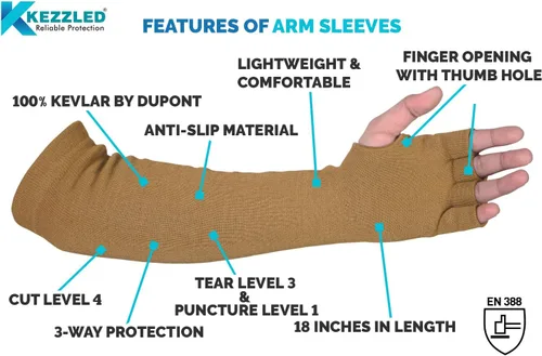 Miniatura 4 de Mangas de brazo de diseño resistentes al calor y corte de Kevlar con aberturas para los dedos, 18 pulgadas por Kezzled, Desert Tan, Grande