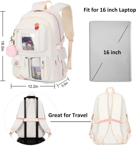 Miniatura 6 de Mochila para niñas con accesorios, bolsas para portátiles de 16 pulgadas, mochila escolar kawaii, mochila de viaje universitaria para adolescentes