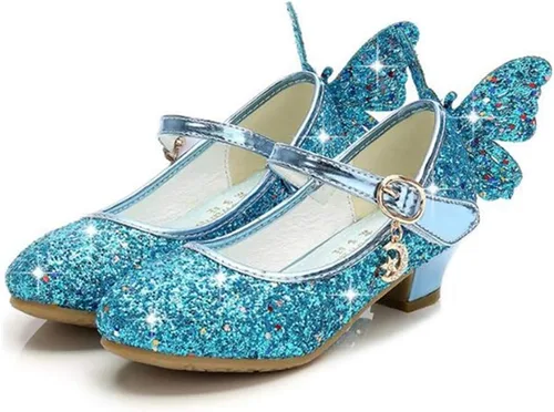 Zapatos brillantes de mariposa Mary Jane para niñas y niñas, zapatos de fiesta de boda con purpurina para damas de honor, tacones bajos, zapatos de