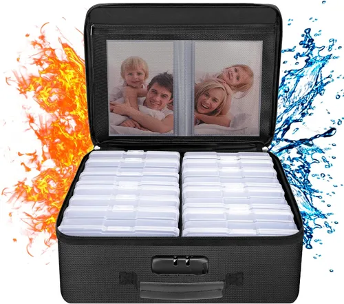 ENGPOW Caja de almacenamiento de fotos a prueba de fuego con 16 estuches interiores de 4 x 6 pulgadas (transparente), organizador de cajas de fotos
