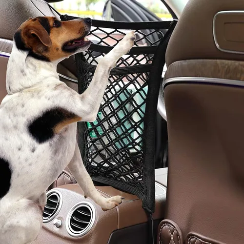 Miniatura 6 de Organizador de malla de 3 capas para automóvil, bolsa de red para respaldo de asiento, barrera de asiento trasero para mascotas y niños, soporte