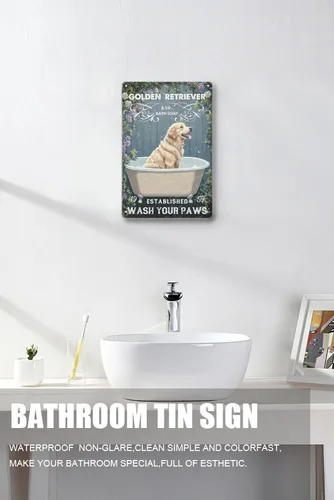 Miniatura 2 de Zomyto Letrero de lata con texto en inglés "Wash Your Paws Golden Retriever", decoración de baño, perro, bañera, bañera, estilo retro, decoración