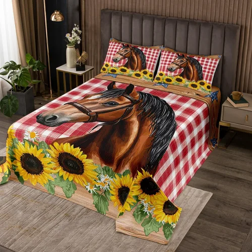 Colcha de caballo de girasol, tamaño individual, ropa de cama acolchada de herradura con estrellas del oeste de Texas para cabaña rústica de granja,