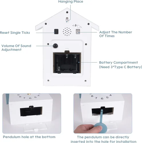 Miniatura 6 de KEYPOWER - Reloj de cuco, reloj de pared de cuco, sonidos de pájaros de cuco o llamada, péndulo de reloj con diseño, casa de pájaros, arte de pared