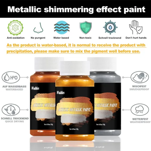 Miniatura 2 de Wadities Pintura Acrílica Metálica, 3 piezas de 13.5oz(375g) Oro, Plata y Bronce, Pintura de Hoja de Oro para Arte, Ideal para Lienzo, Madera