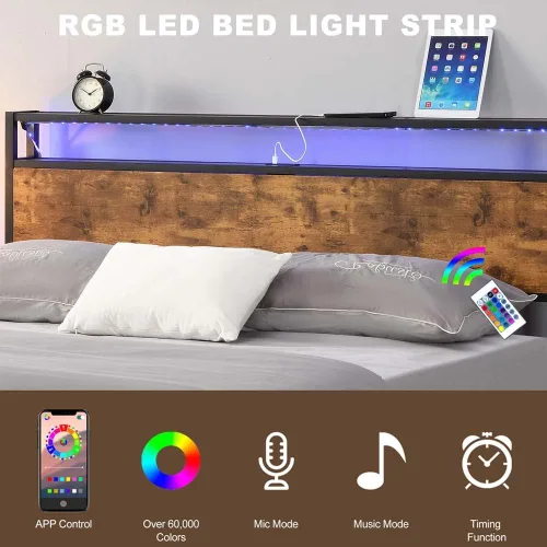 Miniatura 4 de Base de cama de plataforma de metal de tamaño matrimonial con cabecero y estribo de madera con luces USB y LED, no necesita somier, gran