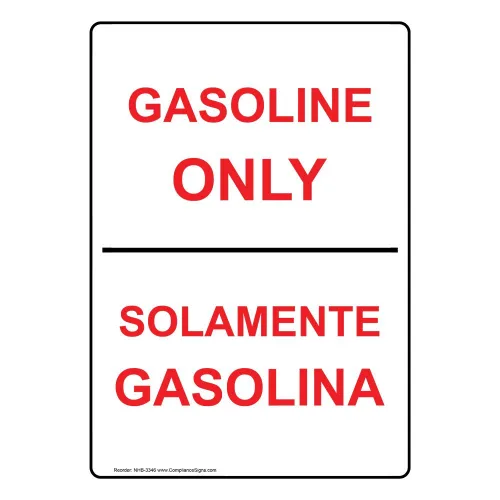 ComplianceSigns. com Gasoline Only Solamente Gasolina Etiqueta de seguridad en inglés y español, 5 x 3.5 pulgadas. Paquete de 4 vinilos para