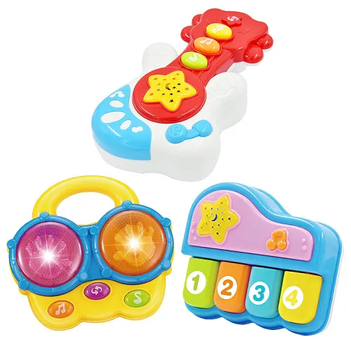 WEofferwhatYOUwant Juego de instrumentos musicales para bebés – Piano, batería Bongo y guitarra – Proyector de juguetes iluminados para bebés de 6