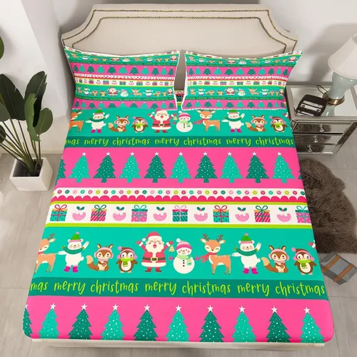 Miniatura 14 de Juego de sábanas con diseño de Papá Noel y muñeco de nieve para niños, niñas y niños, de temática navideña, juego de cama con diseño de árbol