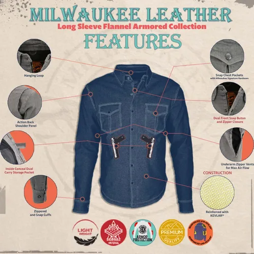 Miniatura 2 de Milwaukee Leather Camisa de montar de franela blindada a cuadros para hombre con refuerzo de fibra de aramida y armadura extraíble CE - S