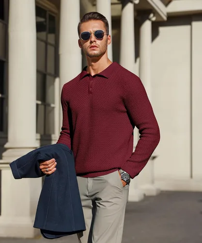 Miniatura 2 de Zaitun Polo de punto de manga larga para hombre, suéter ligero casual con cuello