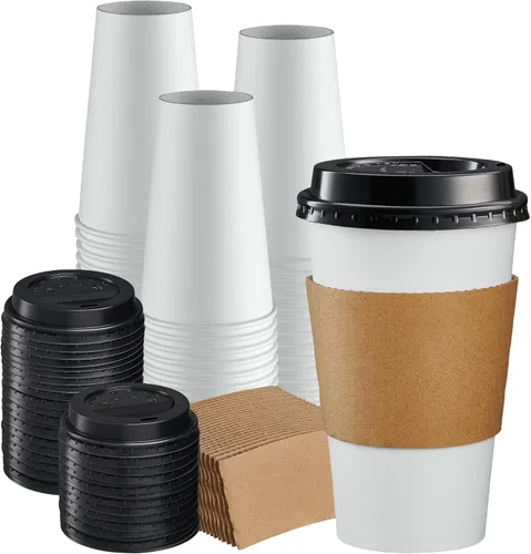 Miniatura 11 de GUSTO 50 juegos de tazas de café desechables con tapas y fundas de 10 onzas. Vasos calientes de papel para viajes y uso en la oficina. Paquete