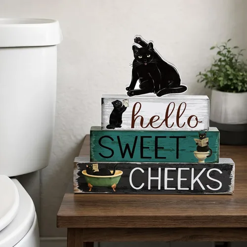 Miniatura 5 de Cinnvoice 4 piezas de decoración de baño de gato negro, decoración de baño de granja Hello Sweet Cheeks, centro de mesa, regalo para Navidad, San