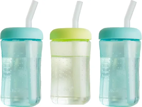 The First Years Squeeze & Sip - Vasos con pajita para niños pequeños, taza de transición exprimible con popote de silicona, suministros de