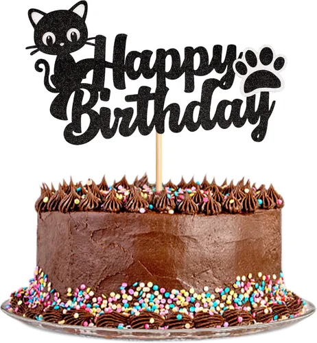 1 pieza de decoración de pastel de cumpleaños de gatito negro con purpurina para pastel de cumpleaños para amantes de los gatos, baby shower, niños,