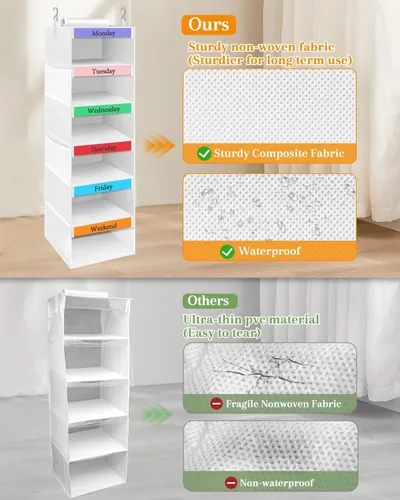 Miniatura 5 de punemi Organizador semanal de ropa para niños, 6 estantes colgantes con bolsillos laterales, diseño de días de la semana, 11.8 x 11.8 x 37.8
