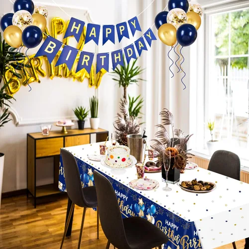 Miniatura 8 de DUAIAI Decoraciones de feliz cumpleaños, 3 manteles de cumpleaños azul marino y dorado para niños, niñas, hombres y mujeres, funda de mesa