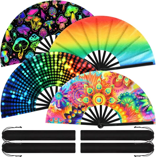 Blulu 4 abanicos de mano plegables grandes de 13 pulgadas, abanicos gigantes que aplauden para rave, plegables para decoración de fiestas de baile