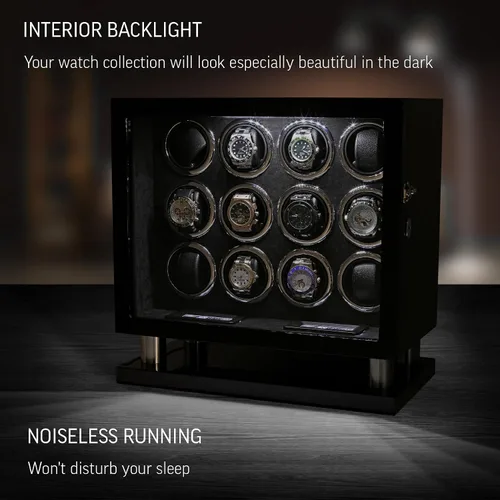 Miniatura 3 de Bobinadora de 12 relojes para relojes automáticos con luz LED y control de pantalla táctil LCD, Ébano + Negro, Compacto