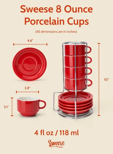 Miniatura 2 de Sweese Tazas apilables de porcelana para capuchino de 8 onzas con platillos y soporte de metal, para bebidas de café especiales, capuchino, café