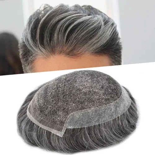 Miniatura 19 de Sistema de repuesto de cabello humano europeo con encaje frontal suizo para hombre, tupé para hombre, pieza de cabello, nudo blanqueado, línea #17