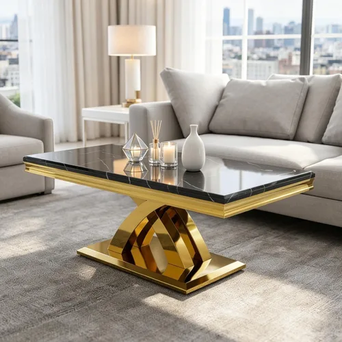 Miniatura 6 de AUZ Mesa auxiliar negra y dorada de 48 pulgadas, mesa central rectangular de lujo con base de metal pulido en forma de X para sala de estar, oficina