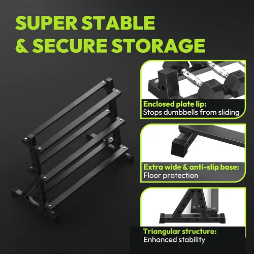 Miniatura 3 de HANDBODE Soporte para mancuernas de 3 niveles, estante de almacenamiento de capacidad de 1000 libras, estante de pesas para mancuernas, pesas rusas