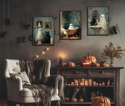 Miniatura 4 de NBYARTQ Pósteres de Fantasmas de Halloween Arte de Pared Juego de 3 Impresiones de Terror Espeluznante Academia Oscura Fantasma y Gato Negro