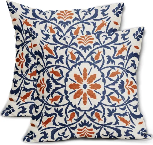 Juego de 2 fundas de almohada bohemias de 18 x 18 pulgadas, color azul marino y naranja, estilo bohemio étnico, estampado de flores vintage, fundas