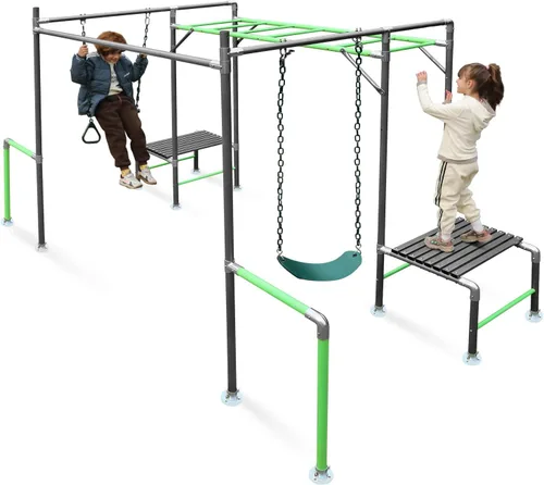 Gimnasio de la Jungla al Aire Libre con Marco de Barras para Monos, Set de Escalada, Barra de Trapecio, Columpio de Cinturón, Barras de Gimnasia