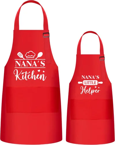 Miniatura 9 de Juego de 2 delantales para niños y adultos, regalo para madre e hijo, diseño de ayudante para hornear de mamá blanca, delantales de cocina