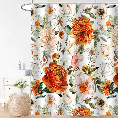 Cortina de ducha floral para baño, diseño vintage de flores naranjas de 5.92 oz/m², cortinas de ducha bohemias y brillantes, cortina de baño de tela