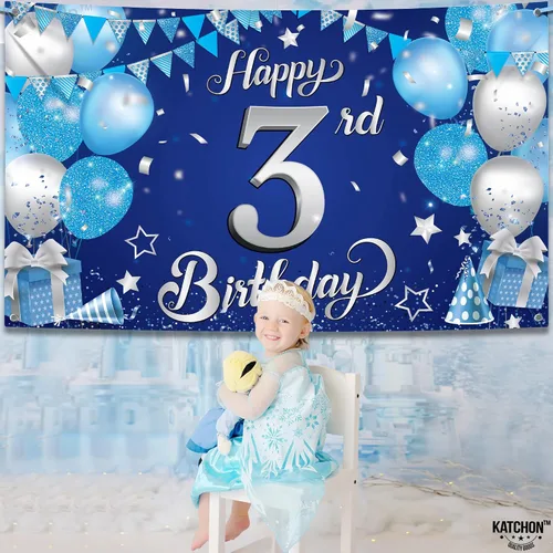 Miniatura 9 de KatchOn, Cartel de tercer cumpleaños azul y plateado – Xtralarge, 72 x 44 pulgadas Decoraciones azules de tercer cumpleaños para niños y niñas