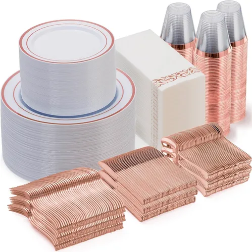 Goodluck Juego de vajilla de oro rosa de 700 piezas para 100 invitados, platos de plástico desechables para fiestas, incluye: 100 platos para cena,
