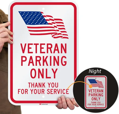 Miniatura 2 de SmartSign Letrero de metal con texto en inglés "Veteran Parking Only - Thank You For Your Service" de 18 x 12 pulgadas con símbolo de la bandera