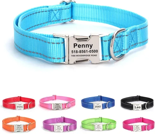 Miniatura 18 de Collar de perro personalizado con etiqueta de nombre, collar de nailon reflectante para mascotas, collares de perro con hebilla grabada Rosa
