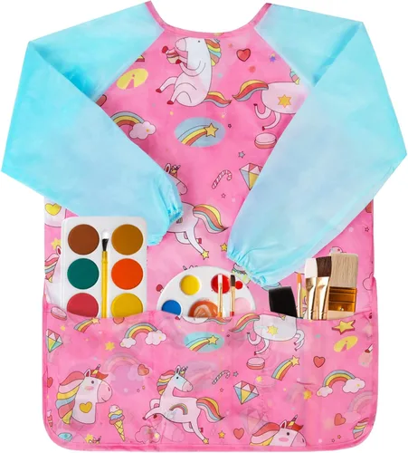 Bassion Kids Art Smock Toddlers Painting Aprons Colorful Waterproof Children Artist Smock with Long Sleeve 3 Roomy Pockets