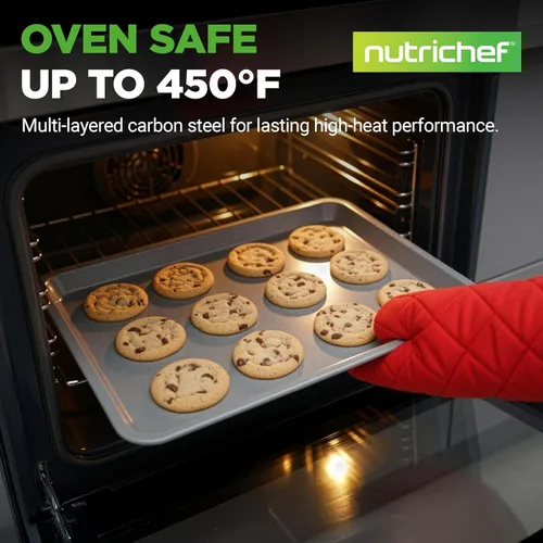 Miniatura 2 de NutriChef 2 bandejas de galletas grandes y medianas para hornear, bandeja antiadherente para galletas, pasteles de hoja y asado, aptas para Gris