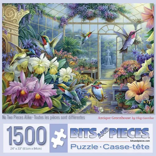 Bits and Pieces Rompecabezas de 1500 piezas para adultos - Invernadero antiguo - Fuente de pájaro hermoso jardín de flores rompecabezas por el