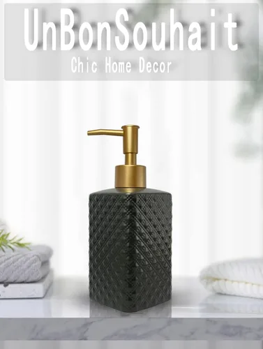 Miniatura 2 de Dispensador de jabón dorado para baño, dispensador de loción cuadrado negro, dispensador de jabón de manos de cerámica recargable para encimera