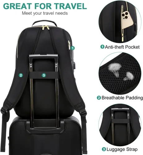 Miniatura 4 de LOVEVOOK Mochila de Viaje para Laptop Bolso para Mujeres Trabajo Negocios Bolsas de Computadora, Un negro, Mochilas de viaje
