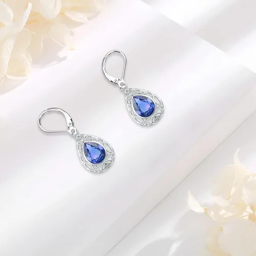 Miniatura 94 de Aretes colgantes de plata de ley con diseño de árbol de la vida, flor, abeja, animales, gato, colibrí, piedra lunar, turquesa, aretes con cierre